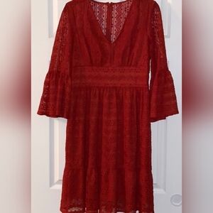 London Times Red Lace Midi Dress with V-Neck and Bell Sleeves